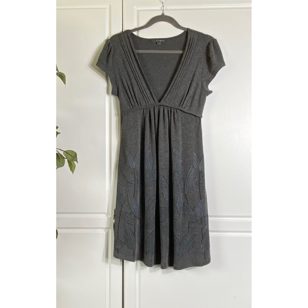 Forever 21 Y2K Gray Empire Waist bady doll Dress V-Neck Abstract Print Size 1